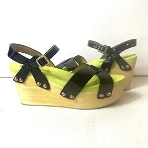 Flogg Glossy Black Neon Green Open Toe Ankle Strap Platform Sandals Women's Sz 7